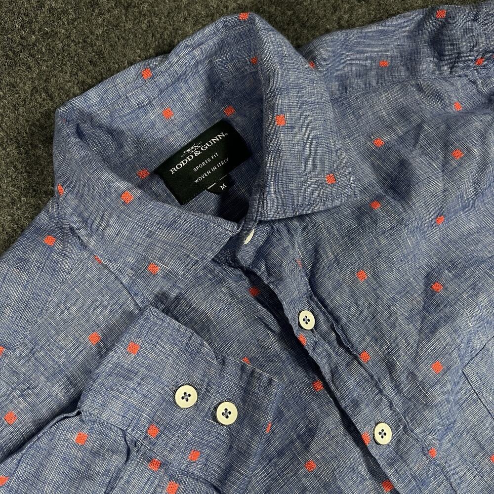 Rodd & Gunn Linen Shirt Mens M Blue Red Italian Albini Sport Fit Polka Dots